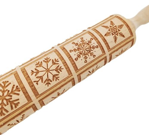 yufana Holz Nudelholz Teigroller, Prägerollen zum Backen, Teigroller Nudelholz Muster Prägerolle Holz, Geeignet zum Selbstgemachten Backen von Gebäck, Keksen und Desserts(Schneeflocke)