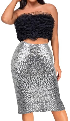 MUNAFIE Damen Glitzer Rock Pailletten Rock Sexy Party Rave Skirt Outfit Wickelrock Röcke für Damen Silber-S