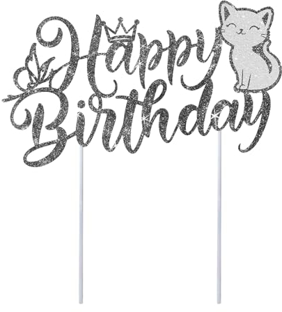 Cat Happy Birthday Cake Topper, Pet Cat Birthday Cake Topper - Cat Pet Glitter Cake Topper Kitten Pet Themed Birthday Cake Topper, Boy Girl Baby Shower Party Decoration