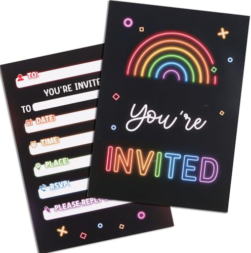 GEBETTER 20 pcs Party Invitations Neon Rainbow Invitation Rectangular Invites Neon Party Favors Party Invites for Kids Birthday Party Game Party Festival Party Invitations