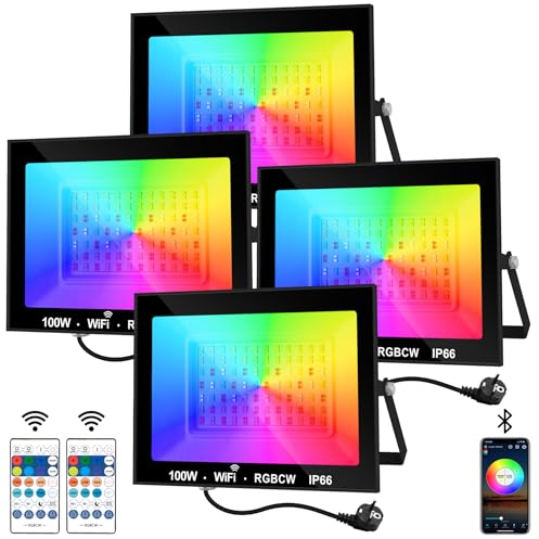 NATPOW Projecteur RGB Extérieur 100W, Spot de Couleur avec Application Bluetooth et Télécommande, IP66 Étanche Floodlight LED Changeant de Couleur, Lumière Led pour Fête, Jardins, Patios, 4 Pièces