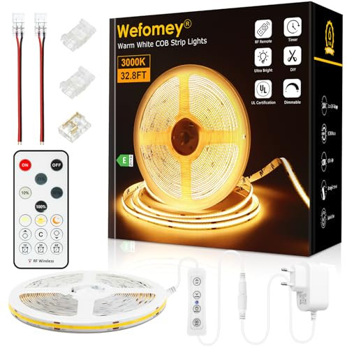 Wefomey 10M COB Ruban LED Blanc Chaud 3000K 324LED/M CRI>90 Haute Luminosité 24V Dimmable avec Télécommande et Alimentation, Pour Maison Chambre Miroi Décorer