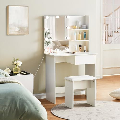 LEMROE Small Dressing Table White with Mirror and Stool, Makeup Vanity Desk with 3 Shelves 1 Drawer Cosmetic Dresser for Girls Women Bedroom Modern Furniture (White - Led Light)