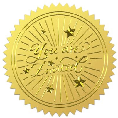 WADORN 100 Stück Einladungs Goldfolie Aufkleber, 5cm You Are Invited Runde Selbstklebende Siegeletiketten Mit Prägung Ausgefallener Schrift Sternen Geprägte Goldfolie Aufkleber Für Einladungskarte