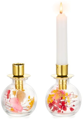 NUPTIO Kerzenständer Stabkerzen Kerzenhalter mit Trockenblumen: 2er Glas Stabkerzenhalter Gold Kerzenhalter Weihnachten Geschenke für Frauen Tischdeko Esstisch Frühling Boho Deko