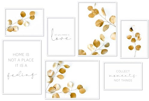 Hyggelig Home Premium Poster Set - 7 hochwertige Gold Blätter Eukalyptus Bilder Pflanzen Wandposter - Set Good Vibes - mit Rahmen weiß