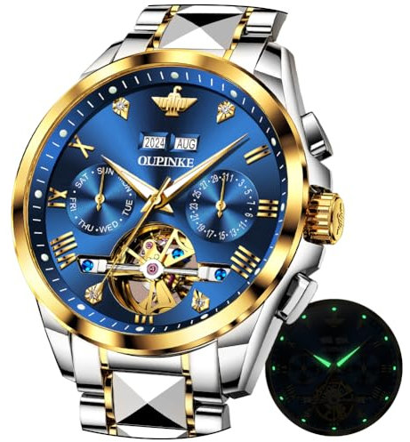 OUPINKE Blau automatische mechanische Armbanduhr für Herren Luxus-Kleid Wolframstahl Leuchtend wasserdicht synthetischer Saphir Diamant Kalender Männer