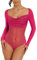 MAYFASEY Women's Rhinestone Square Neck Sheer Mesh Long Sleeve Bodysuit Ruched Body Suits Going Out Tops, Hot Pink, XXL