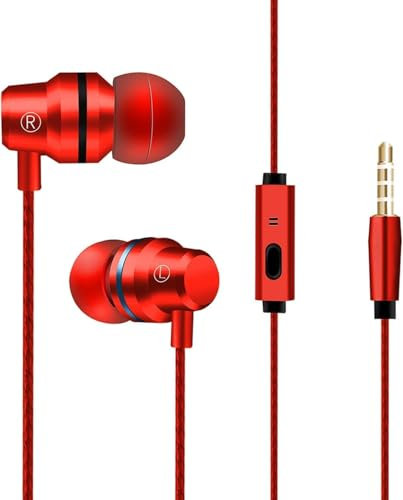Earphones 3.5mm Aux Jack Wired In-Ear Headphones with Microphone, Strong Bass Soft Earbuds Tips Plug In Noise Cancelling Stereo Wired Earphones Compatible with I-Phone Samsung Android (Red)