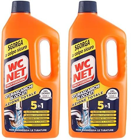 Wc Net Professional - Sturascarichi 5 Azioni in 1, Disgorgante Gel per Scarichi Professionale, con Agenti Salvatubi e Anticalcare, 1000 ml (Confezione da 2)