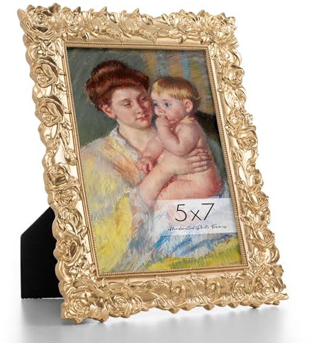 Axeman Gold Vintage Frames 5x7 | Antique 5 x 7 Picture Frame with Real Glass | Ornate Rose 5x7 Frame for Wall & Tabletop Display | Gold 5 by 7 Frames