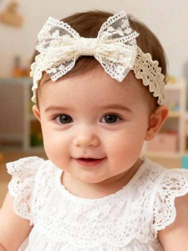 ICKEYOU Baby Mädchen Schleife Spitzenstirnband Süßes Weiches Haarband Weiße Schmetterlingsknoten-Stirnbänder für Neugeborene Kleinkinder Kinder Taufe Geburtstag Party Haarschmuck(Weiße Schleife)