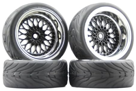 EHxCUF 4pcs Soft Rubber Touring Tyres Wheels With Chrome And Black Paint Rim Compatible With 1:10 RC Cars 3mm 6mm 9mm Offset(2PCS3MM WITH 2PCS6MM)