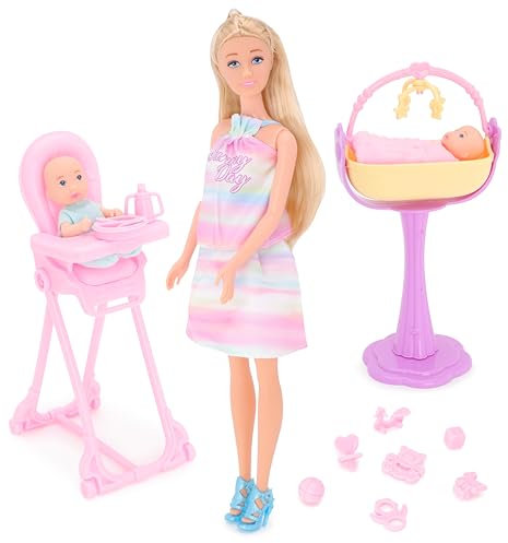 Toyland® Zwillings-Babypflege-Puppenspielset – 1 Puppe, 2 Babys, 1 Schaukelbett, 1 Hochstuhl und 11 Zubehörteile enthalten – Mädchenspielzeug