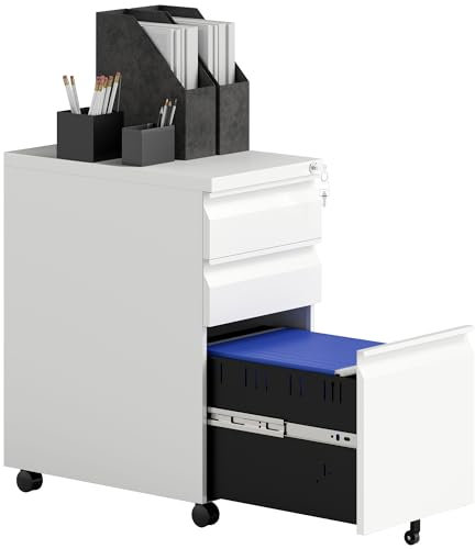 Vinsetto 3-Drawer Filing Cabinet with Lock, Mobile Steel File Cabinet for A4, Legal and Letter Size, Under Desk Drawers with Pre-Assembled Body for Home Office, 30 x 43.5 x 60 cm, White