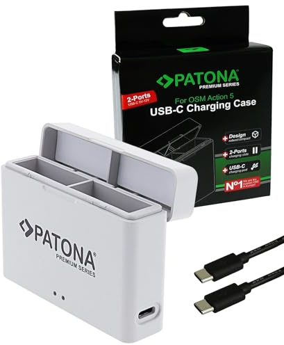 PATONA Dual Ladegerät USB-C Ladebox für DJI Osmo Action 3 4 5 6 BCX202 Akku | Kompakte Premium Lade- & Aufbewahrungsbox mit MCU-Lademanagementsystem, USB-C-Kabel