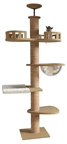 Kratzbaum Deckenhöhe XXL Groß 250cm Hoch aus Holz Natur Katzenbaum mit Großen Liegeflächen dicken Sisal Stämmen Stabil Modern für Schwere Katzen