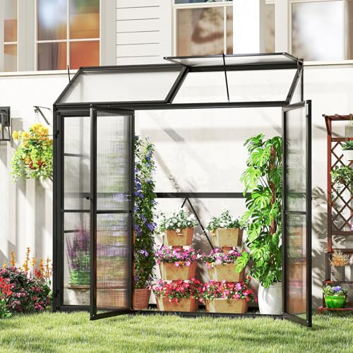 RELAX4LIFE Serre Polycarbonate 180x52x190 CM, Serre de Jardin en Aluminium avec Plaques Creuses en Polycarbonate, 3 Portes Verrouillables, Vents de Toit Ajustables en Toutes Saisons