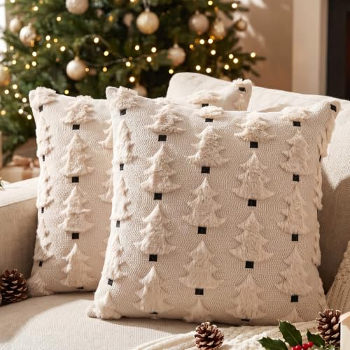 Miaikoe Weihnachtskissenbezüge 40x40 cm Set von 2 weiche Plüsch-Impost-Fell-Weihnachtsbaum-Wurfkissenbezüge für Winterferien-Xmas-Dekoration Beige