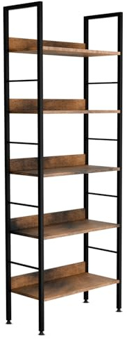 BELOFAY Book Shelf Floorstanding 5-Tier Wooden Shelving Unit with Steel Frame, Space-Saving Ancient Wood Medium Book Case for Office, Study, and Living Room