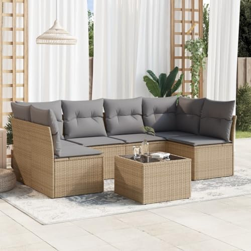 Teenpull 7-TLG. Garten-Sofagarnitur, Beige Poly Rattan Loungeset mit Kissen, Outdoor Möbel Set für Terrasse, Balkon & Garten – Modern & Bequem