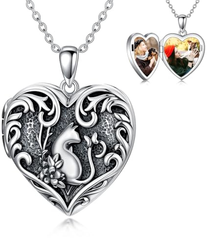 Dorunmo Medaillon Halskette mit Katzenherz für 2 Fotos Medaillon Anhänger aus 925 Sterling Silber mit Katzenbild Vintage Stil Erinnerungsschmuck Geschenke für die Liebsten (nur Medaillon)