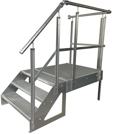 Stahltreppe Freistehend 3 Stufen Treppe Höhe 57 cm inklusive Podest 100x100cm mit oder ohne Geländer verzinkt Wählbar: Links/Rechts oder Front (Treppe Links)