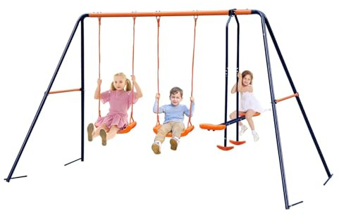 Metal Kids Garden Swing Set for Toddler, Heavy-Duty A-Frame with Double Swings and Glider,Adjustable Hanging Rope,Children Outdoor Backyard swing Set for 3+ Years Old, 200Kg