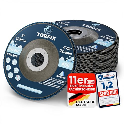 Torfix® Fächerscheiben 125mm T29 Korn 60 – Lamellenscheiben für Winkelschleifer 125 (Flex) – Schleifmopteller für Metall-Stahl-Holz – Set 10+1 (11 Stück)