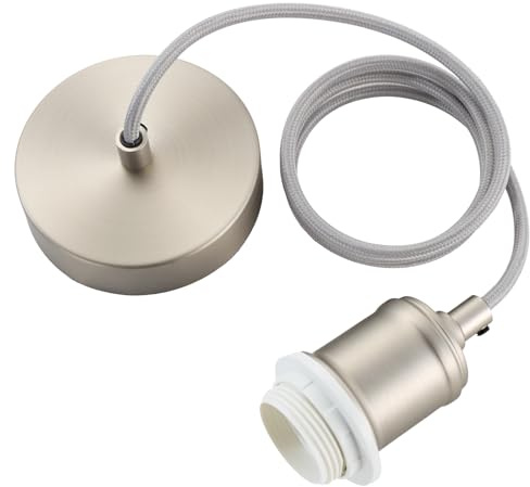 Industrial Satin Nickle Pendant Light Fitting, Metal E27 Screw Lamp Holder with Lock Ring for Shade, Ceiling Rose with 100cm Adjustable Grey Braided Flex Cable Ceiling Light Fixture KIT801SN