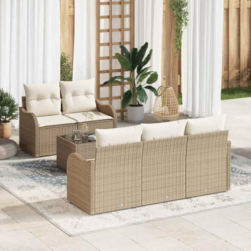 Hoopleep Gartensofa-Set Beige Poly-Rattan, Modulares Outdoor Loungesofa mit Tisch und Kissen, UV-beständig, für Terrasse und Balkon, 5-Sitzer