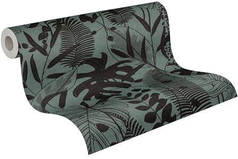 A.S. Création Palmenblatt-Vliestapete – Blau, Schwarz – 10,05 x 0,53 m | Florales Palmenblatt-Motivals Akzent – schimmernde Motivtapete im Metallic-Look, einfach zu verkleben & spurlos abziehbar