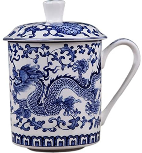 Otbushit Tazza da tè in Ceramica Blu e Bianca di capacità da 500 ml con Coperchio e Manico, Tazze da tè Cinesi per Foglie sfuse, Ufficio a casa