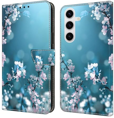 CLM-Tech Handyhülle kompatibel mit Samsung Galaxy S26 Hülle - Tasche aus PU Leder - Klapphülle mit Ständer und Kartenfächern - Schutzhülle Wallet Case Cover Pflaumenblüte blau