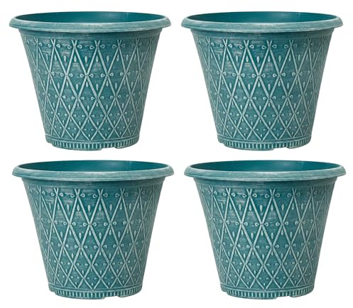 Fyne-Finds Set of 4 Round Teal Green Plastic 30cm, 12inch Plant Pot 9.5Liters Garden Outdoor Decor Cover Planter Weather Proof Drainage Holes