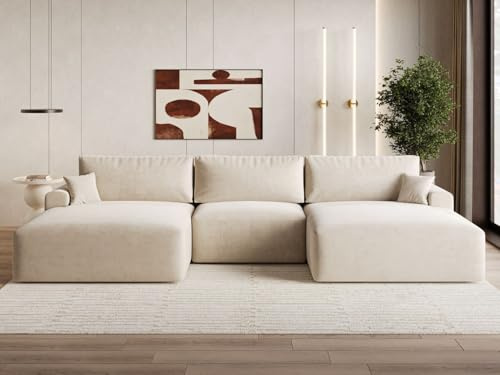 GRAINGOLD Serene U Ecksofa mit Schlaffunktion & Bettkasten 391x145 cm, U-Form Sofa mit Stauraum, Schlafcouch für Wohnzimmer, Velvet-Stoff, 5-Sitzer Wohnlandschaft, Modernes Design (Beige)