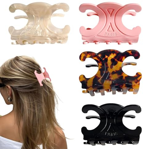 Cesujowaz Barrettes Femme, Lot de 4 Pinces à Cheveux Grandes Taille Moyenne, Épingles Élégantes pour Chignon Noir Blanc Rose Écaille de Tortue