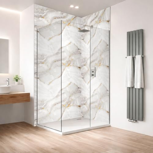 Duschrückwand aus ABS 120x260 cm – wasserfeste Wandverkleidung, fugenabdeckend, pflegeleicht (Marmor Gold)