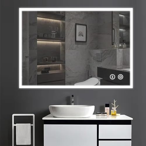 YOLEO Badspiegel mit Beleuchtung 80x60cm, Wandspiegel mit Steckdose, Badezimmerspiegel LED mit Touchschalter, 3 Lichtfarben dimmbar Warmweiß/Kaltweiß/Neutral