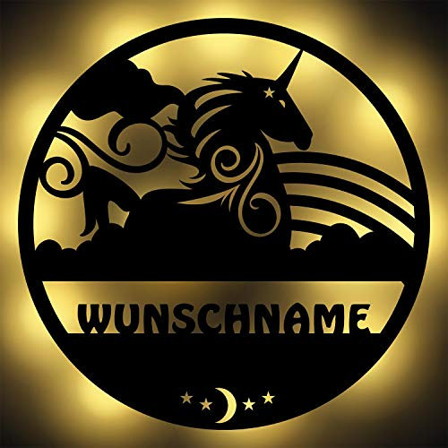 Einhorn Nachtlicht Kinderzimmer Schlummerlicht Holz Wand-Lampe mit Namen personalisiert Einhorn-Lampe für Kinder-Zimmer Mädchen