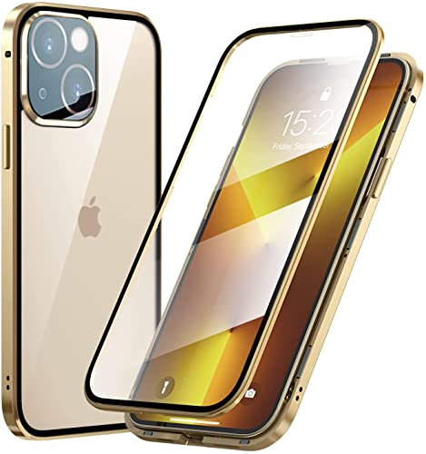 LIUKM Hülle für iPhone 13 Magnetische Adsorption Handyhülle 360 Grad Stoßschutz Vorne hinten Gehärtetes Glas Schutzhülle Metallrahmen Cover Case - Gold