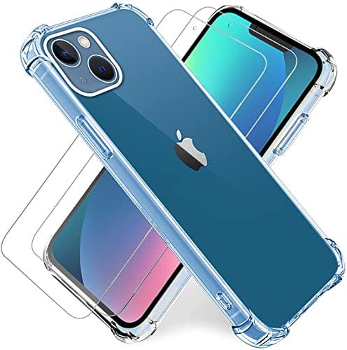 SWIDDIYA For iPhone 13 Case with Screen Protector,iPhone13 6.1” Clear Case/Phone Cover +Tempered Glass 2Pack,Soft TPU Shockproof Protective Phonecase,Rreinforced Corner-iPhone13 2021 6.1 inch 5G