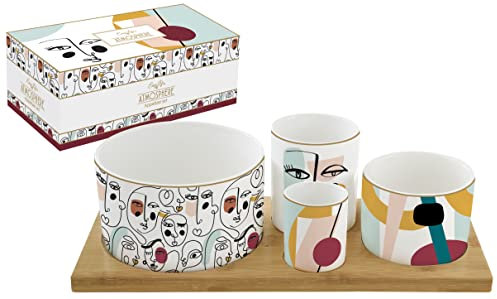 SET APERITIF 4 COUPELLES EN PORCELAINE SUR PLATEAU BAMBOU