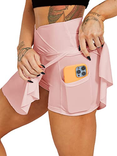 HAWILAND Tennisrock Damen - Hosenrock Crossover Waist V-Bund Tennis Skort mit Taschen Golfrock für Radfahren Wandern Laufen #1 Rosa S