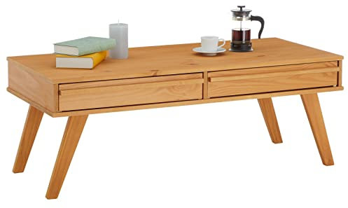 IDIMEX Couchtisch Jona mit 2 Schubladen im Skandi Look, moderner Beistelltisch mit Holzfüßen, eleganter Sofatisch aus massiver Kiefer in braun