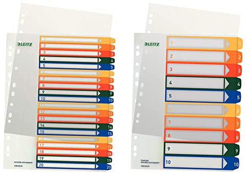 Leitz Register für A4, PC-beschriftbares Deckblatt und 20 Trennblätter, Taben mit Zahlenaufdruck 1-20, Überbreite & Register für A4, PC-beschriftbares Deckblatt und 10 Trennblätter, Weiß/Mehrfarbig