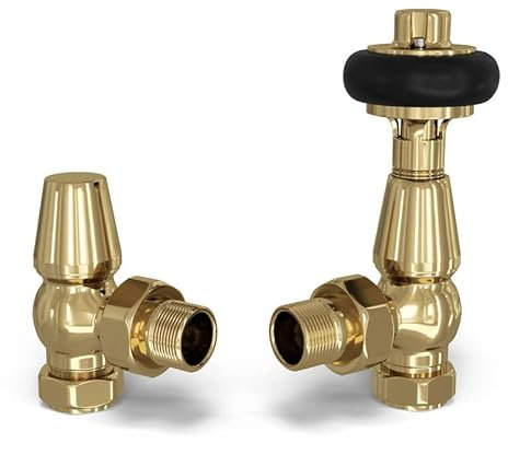 UK Radiators Polished Brass Thermostatic Radiator Valve and Angled Lockshield Valve - Polished Brass Finish - Traditional Design 1/2 x 15mm Wooden Head Radiator Valve