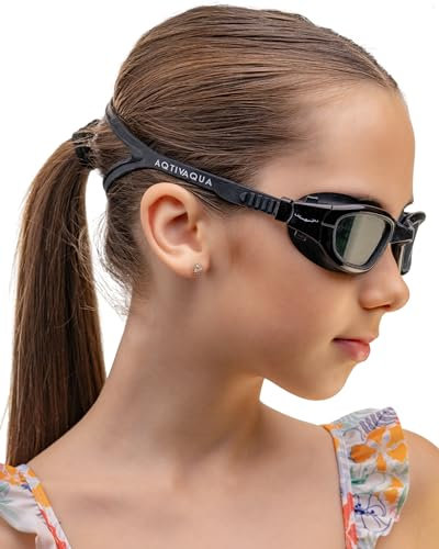 AqtivAqua MINI-DX Lunettes de Natation pour Enfants, Lunettes de Piscine à Champ de Vision Large pour Garçons et Filles (Noir, Clair)