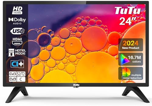 TuTu TUB24F1DN Téléviseur 24 Pouces (TV 60 cm) LED HD Écran Pas Cher avec Triple Tuner (DVB-T/T2-C-S/S2), HDMI, VGA, Lecteur Multimédia USB, CI+, Modèle Hôtel, 220 Volts pour Cuisine Chambre