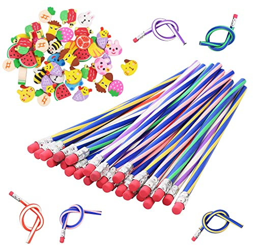 Ezydka 48 Stück Bleistift mit Radiergummi, 24 Stück Bleistifte Kinder mit 24 Stück Radiergummi Kinder, Mitgebsel Kindergeburtstag 10 Jahre, Biegebleistifte für Kinder, Party, Geburtstagsparty